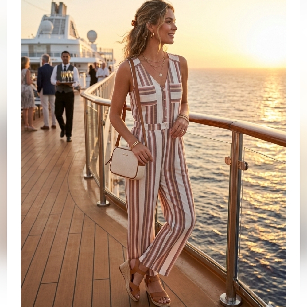 Dear John Cream and Brown Striped Jumpsuit with Wide-Leg Design - Picture 3 of 3